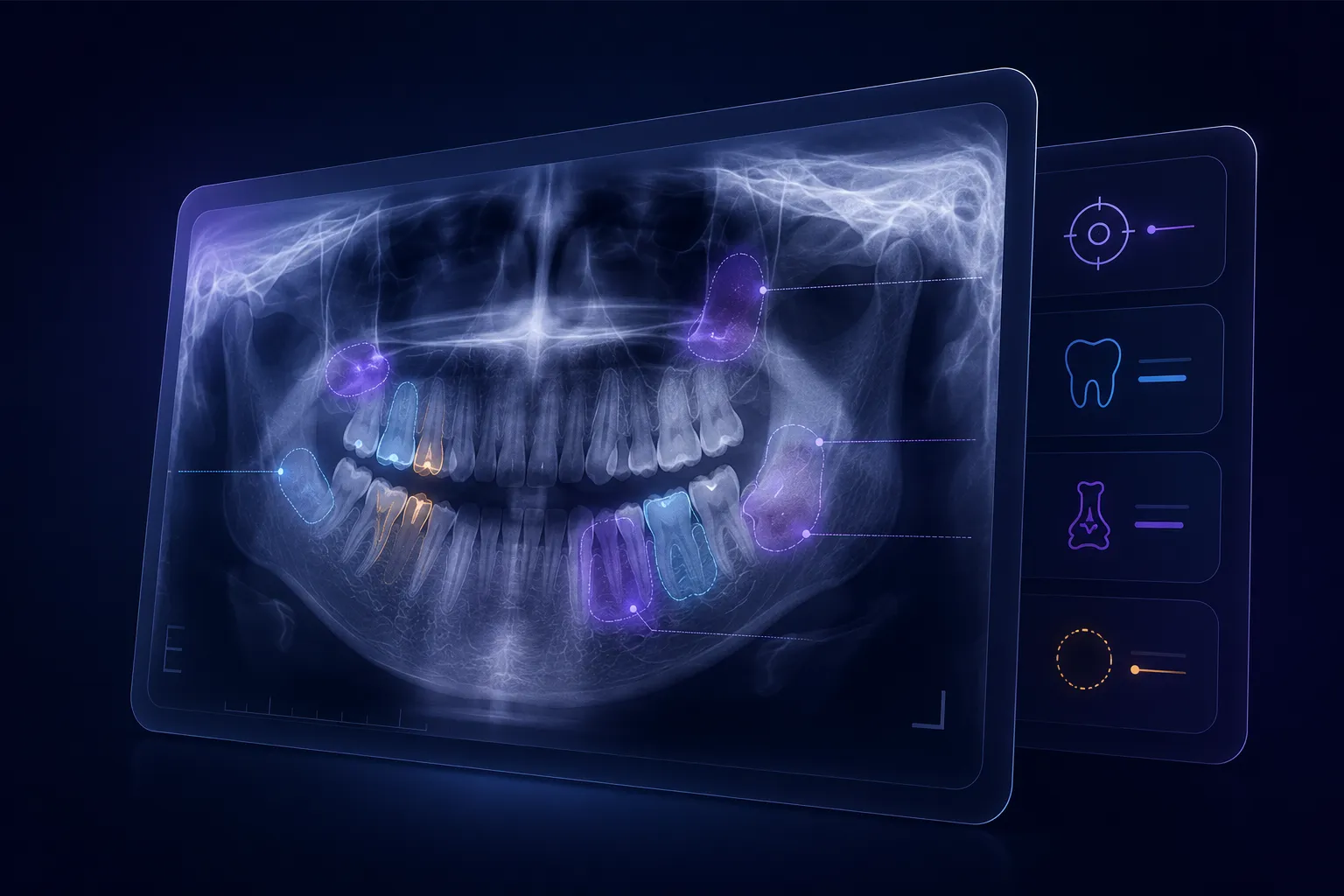 Panoramic X-ray with AI-detected conditions overlaid on the tooth chart