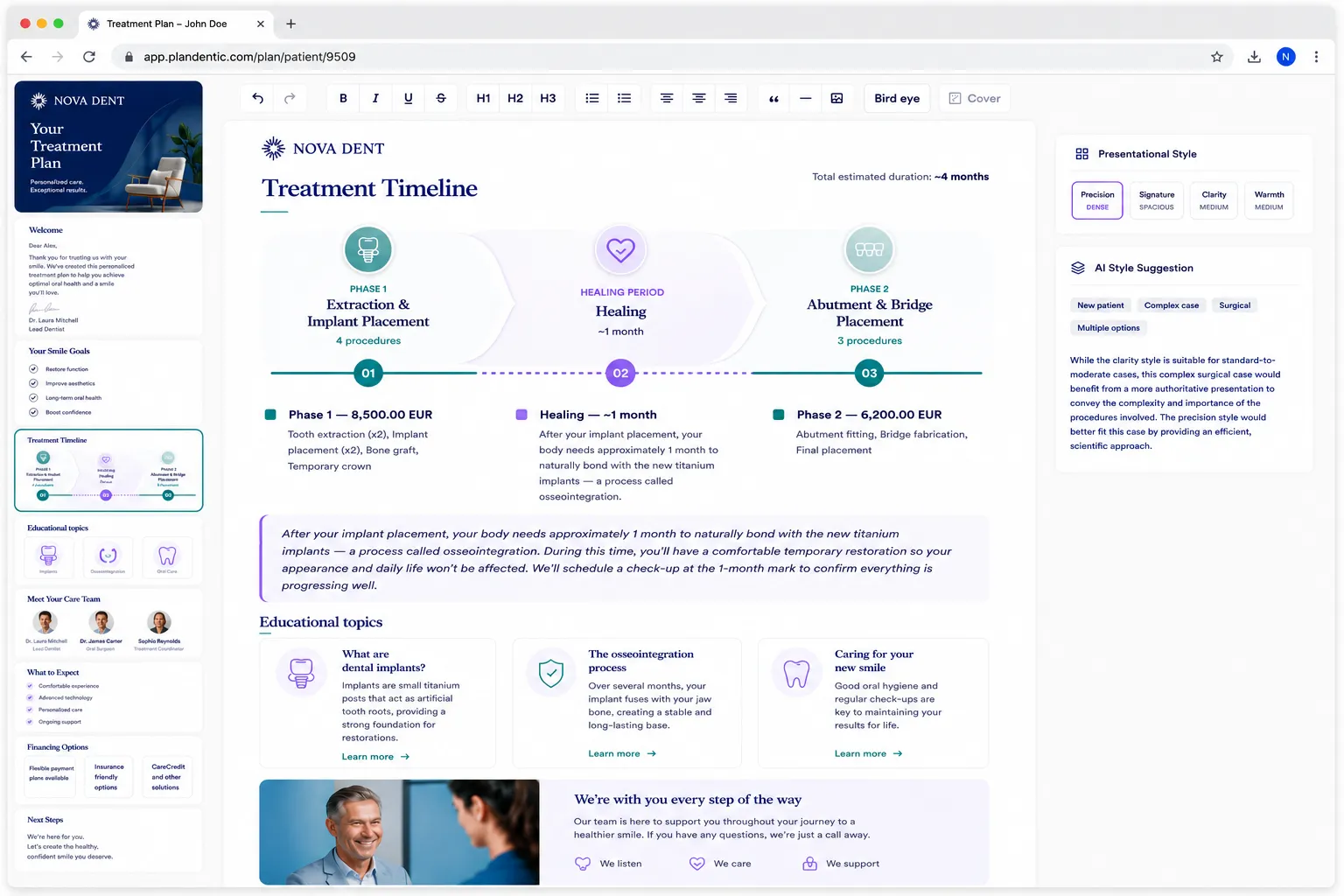 Plandentic plan composer showing a branded treatment plan with phase timeline, AI suggestions, and a live minimap preview.