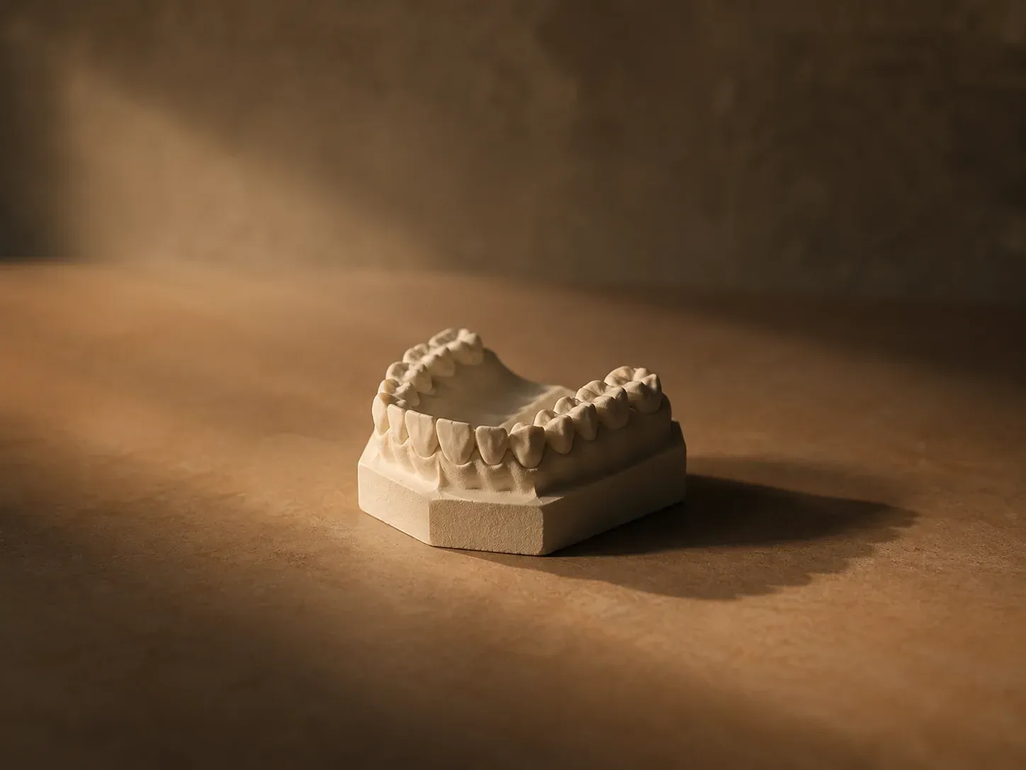A dental study cast rendered as a sculptural object in warm light, illustrating the craft of personalized dental care