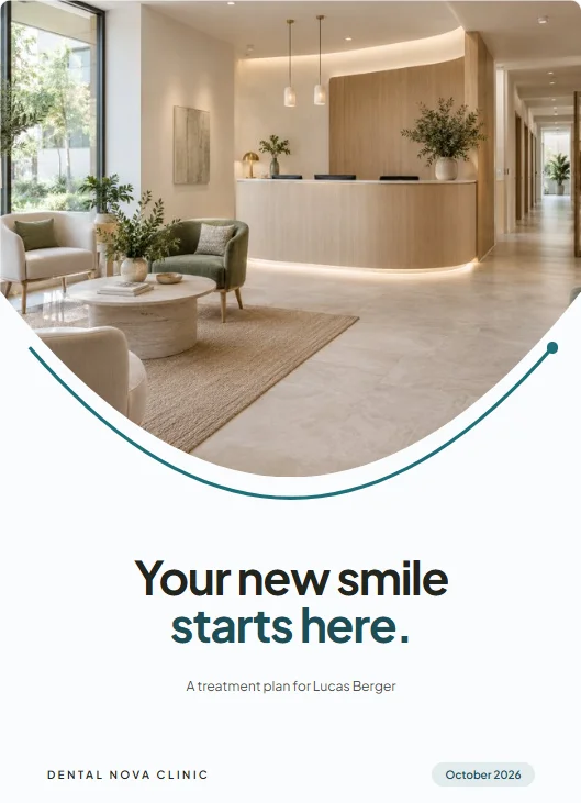 Portada del plan de Dental Nova Clinic: una foto de la recepción bajo un arco verde azulado, el título 'Your new smile starts here' y la línea 'A treatment plan for Lucas Berger'.