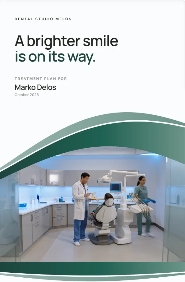 Portada del plan de Dental Studio Melos con el título 'A brighter smile is on its way', plan de tratamiento para Marko Delos, con una ola verde oscuro que enmarca la foto de un gabinete.