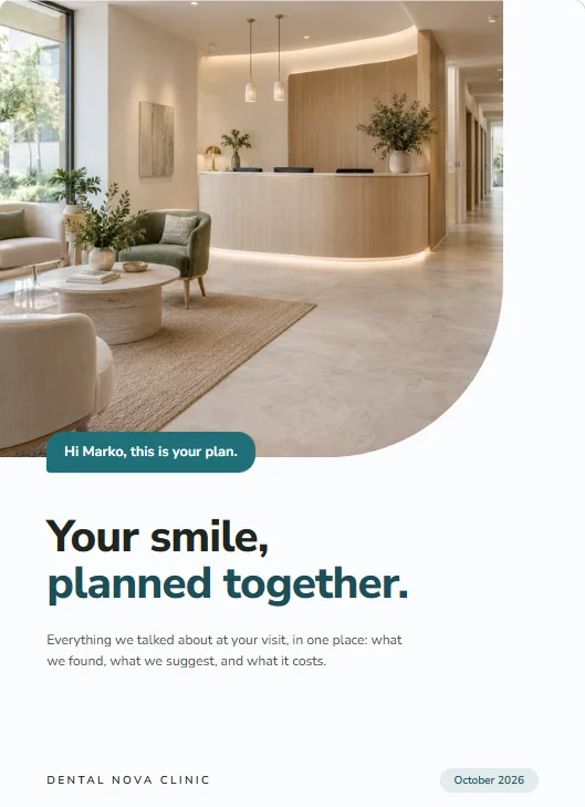 Portada del plan de Dental Nova Clinic: la foto de la recepción con un recorte redondeado, una etiqueta verde azulada con el saludo 'Hi Marko, this is your plan' y el título 'Your smile, planned together'.
