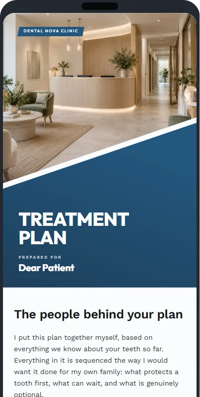 Un plan en el móvil con el estilo Professional Blue: la foto de la recepción de Dental Nova Clinic sobre un bloque azul con el texto 'Treatment plan' y, debajo, la sección 'The people behind your plan' con una nota personal del dentista.