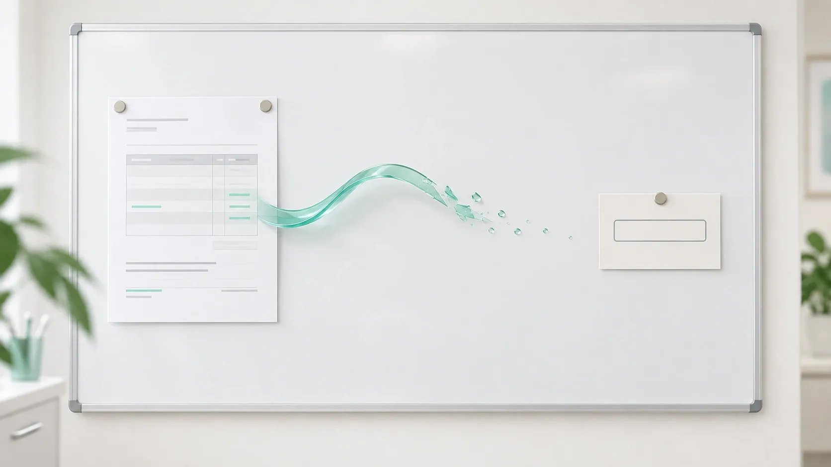 Un piano di trattamento stampato appeso a una lavagna sulla sinistra, da cui esce un nastro verde acqua che si sgrana in gocce e svanisce prima di raggiungere una scheda appuntamento vuota appesa sulla destra: l'immagine dei trattamenti non prenotati, cure consigliate che non sono mai arrivate in agenda