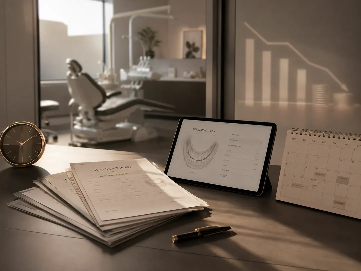 A warm-lit dental office desk holding a stack of printed treatment plans, a tablet showing a digital treatment plan, a desk calendar and a clock, with a downward-trending revenue chart on the wall behind and a dental chair out of focus, evoking recommended treatment that goes unscheduled and the revenue lost to delay